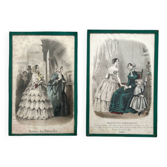 2 gravures lithographies illustrations de mode ancienne sous verre 19eme siècle