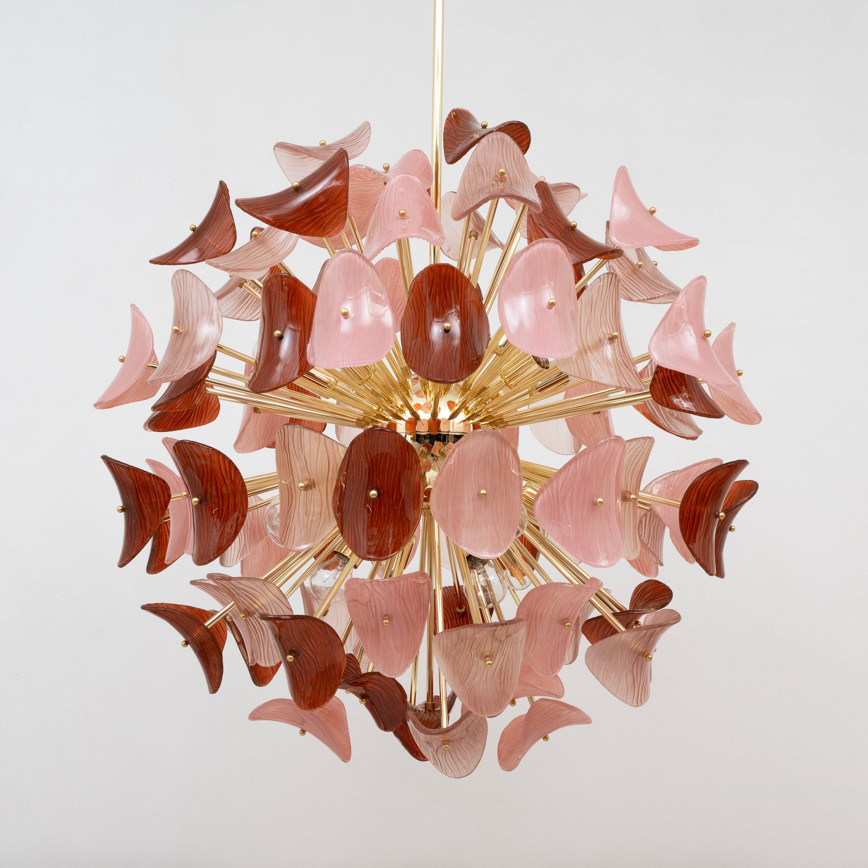 Italian Sputnik Chandelier in Pink and Ruby Murano Glass and Brass