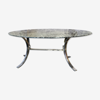 Table vintage avec plateau oval en marbre Noir et vert année 70