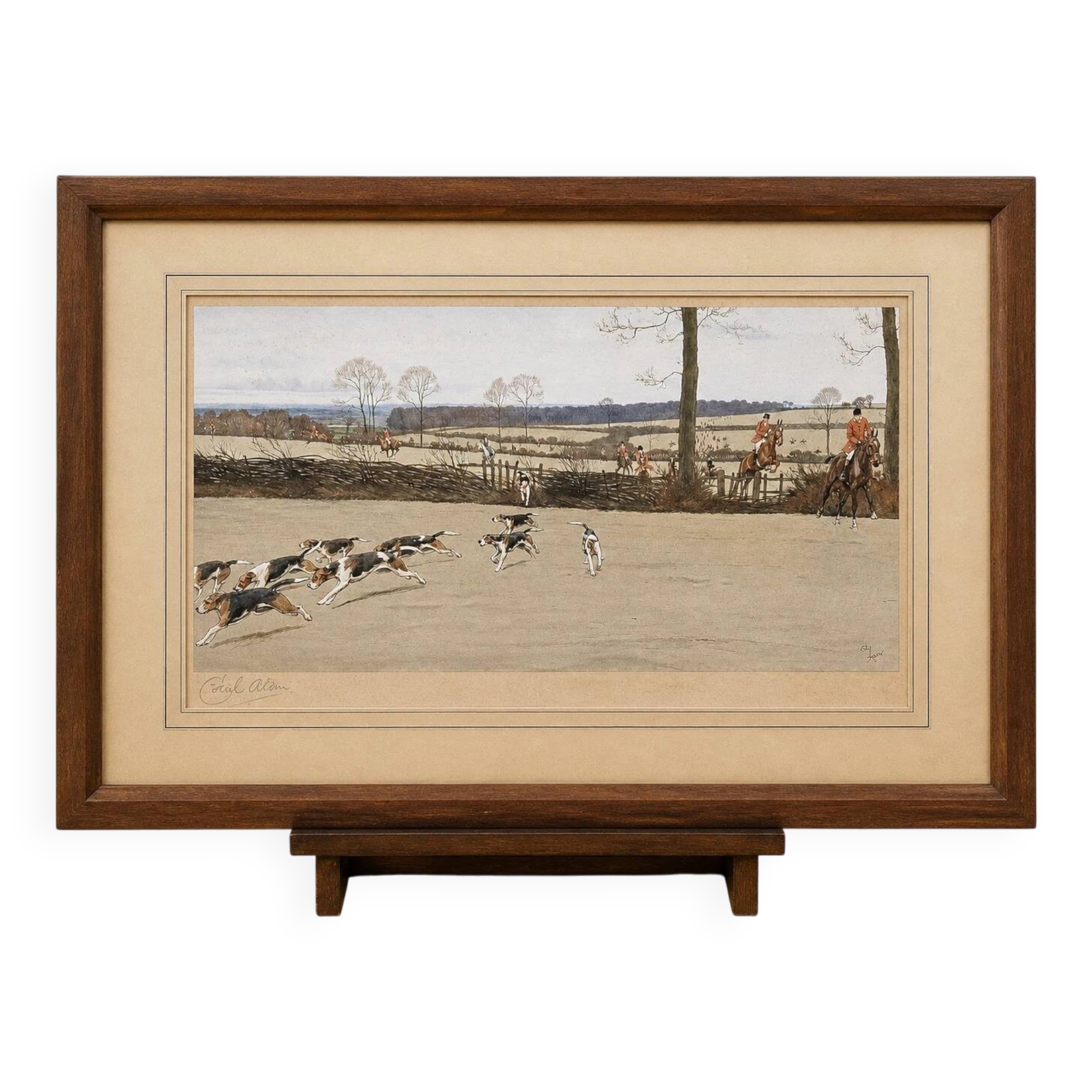 Hunting scene, watercolour engraving on paper signed by Cecil.