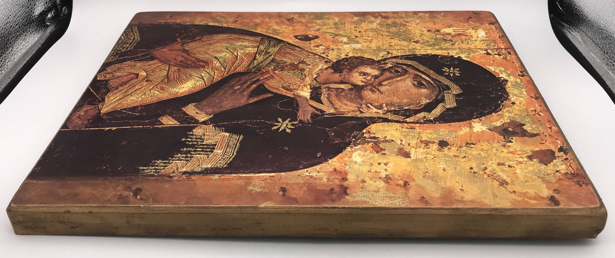 Religious ICON of the Virgin Vladimir Holy Theotokos on wooden support