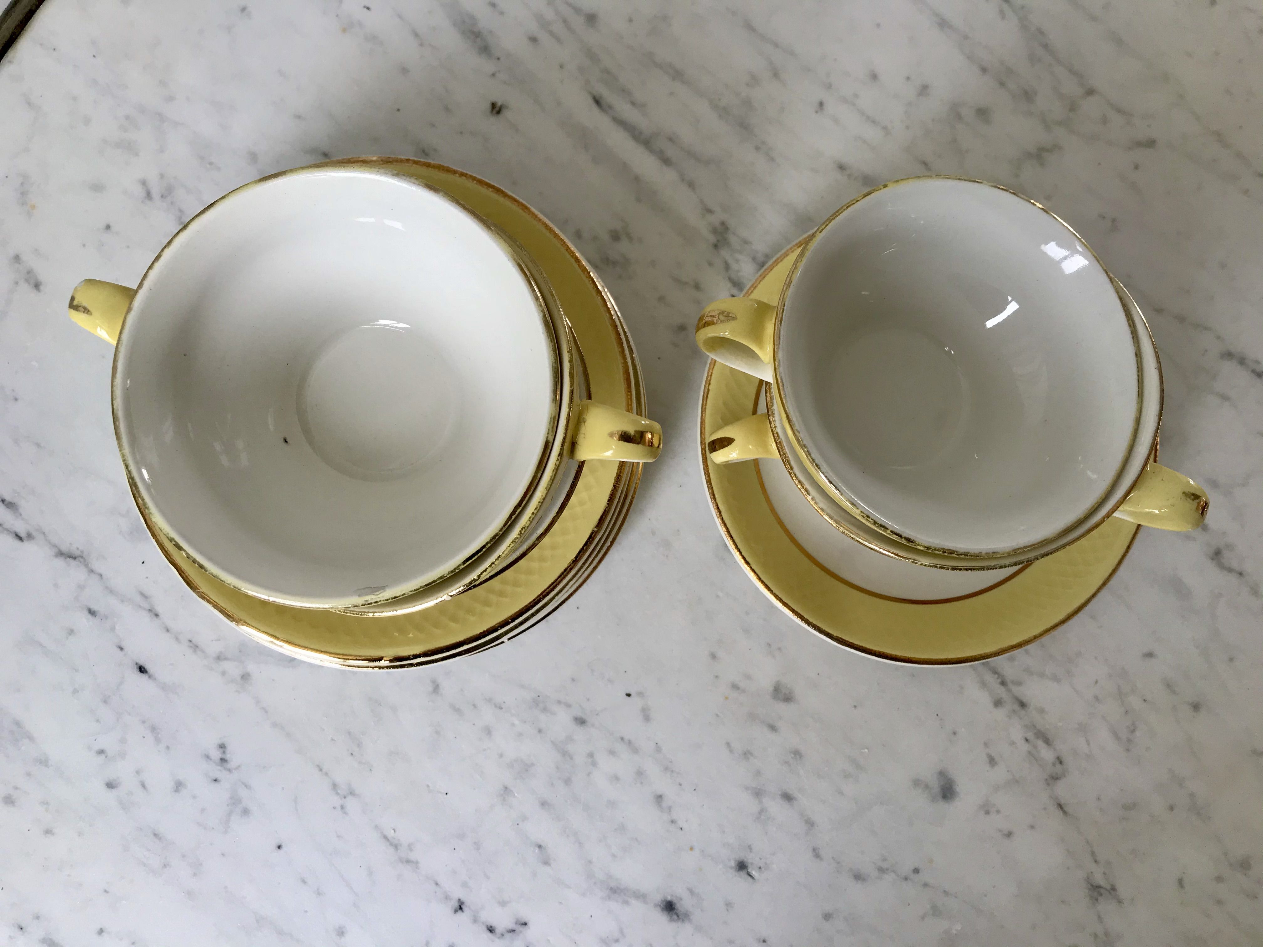 Set of 6 cups and textured yellow sub-cups digoin sarreguemines 50s