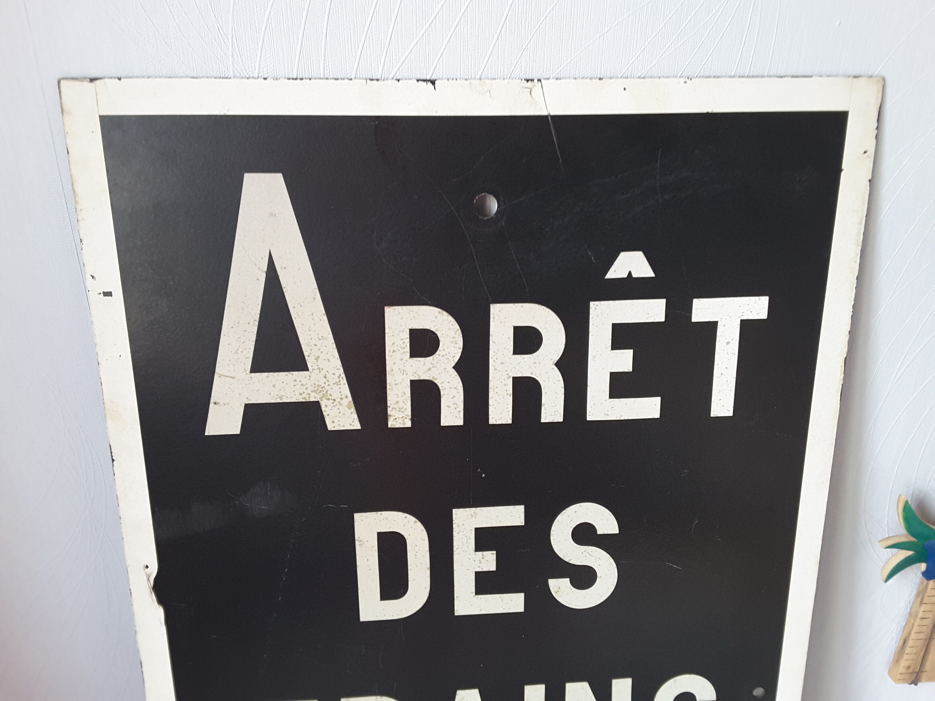 Authentic station sign stop trains of the large-format construction site