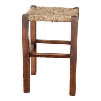 Rustic old stool made of wood and straw.