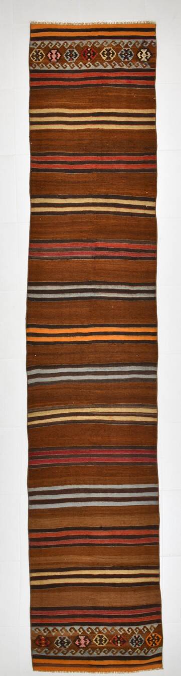 Brown & Orange Stiped Mid Century Vintage Kilim Rug, 75x387 Cm