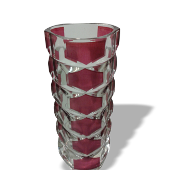 Thick red faceted glass vase