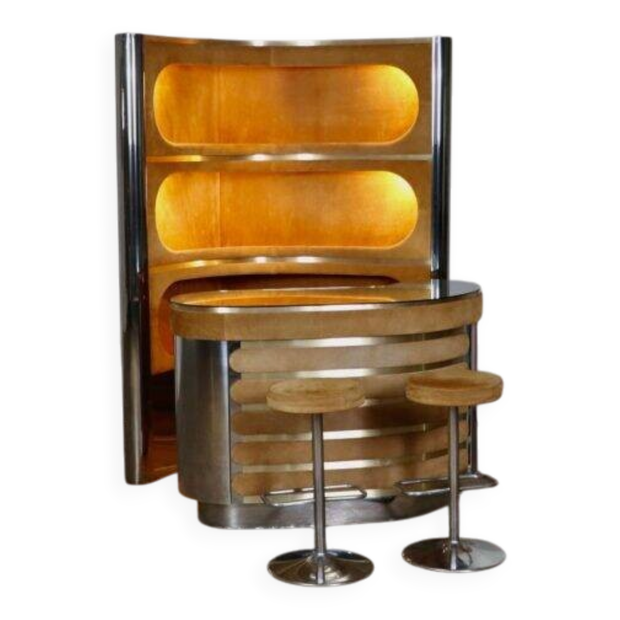 Suede and chrome dry bar with barstools in cognac by Willy Rizzo, Italy 1970s