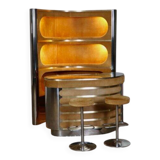 Suede and chrome dry bar with barstools in cognac by Willy Rizzo, Italy 1970s