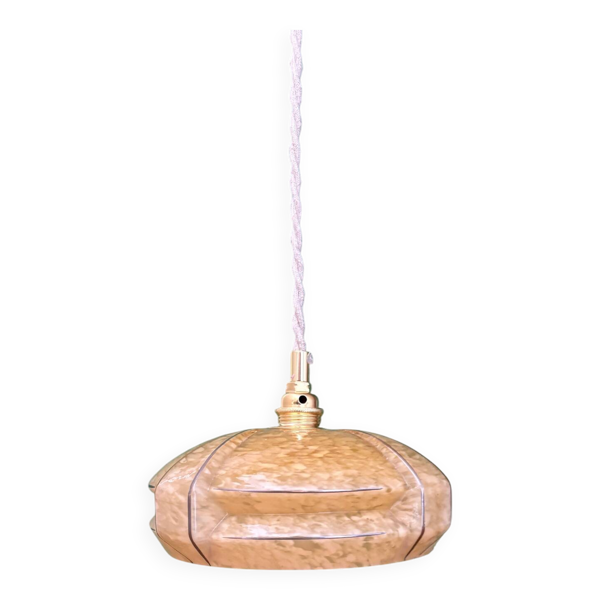 Suspension abat-jour vintage art déco en verre de Clichy jaune et lise