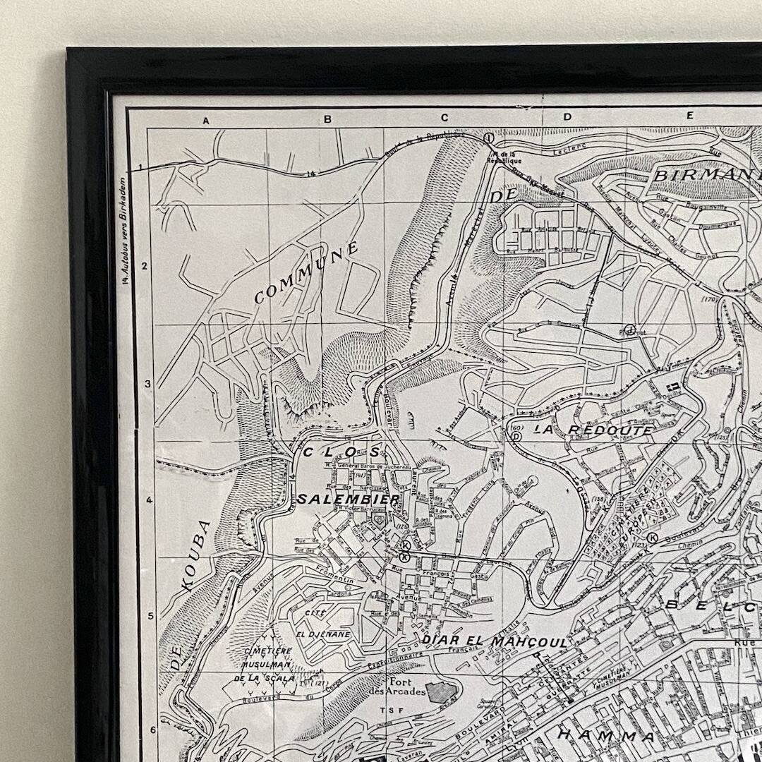 Vintage map of Algiers 1958, framed in wood and glass.