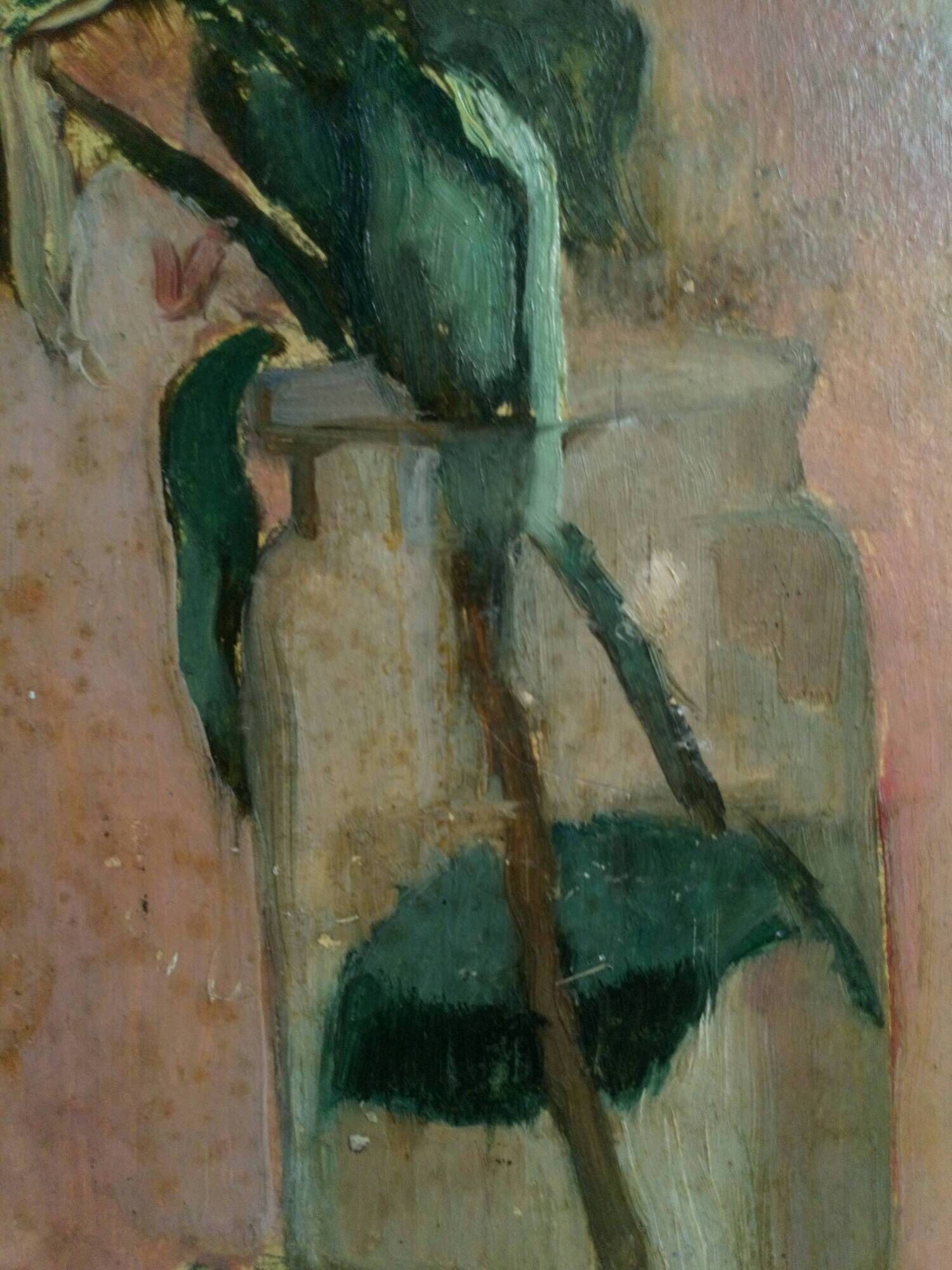 Oil painting on cardboard honeysuckle branch