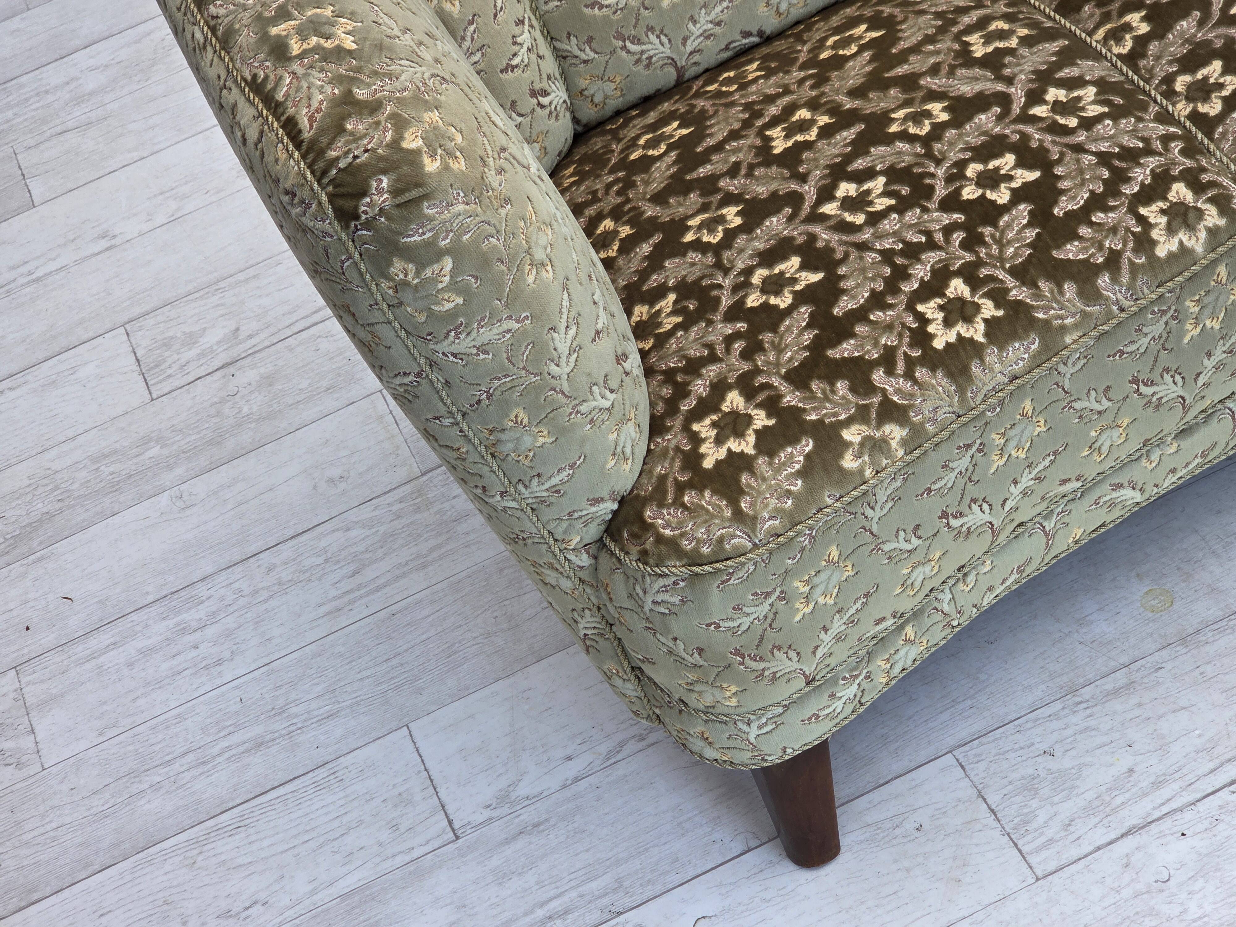 1960s, Danish 3-seater curved sofa, furniture velour, beech wood legs.