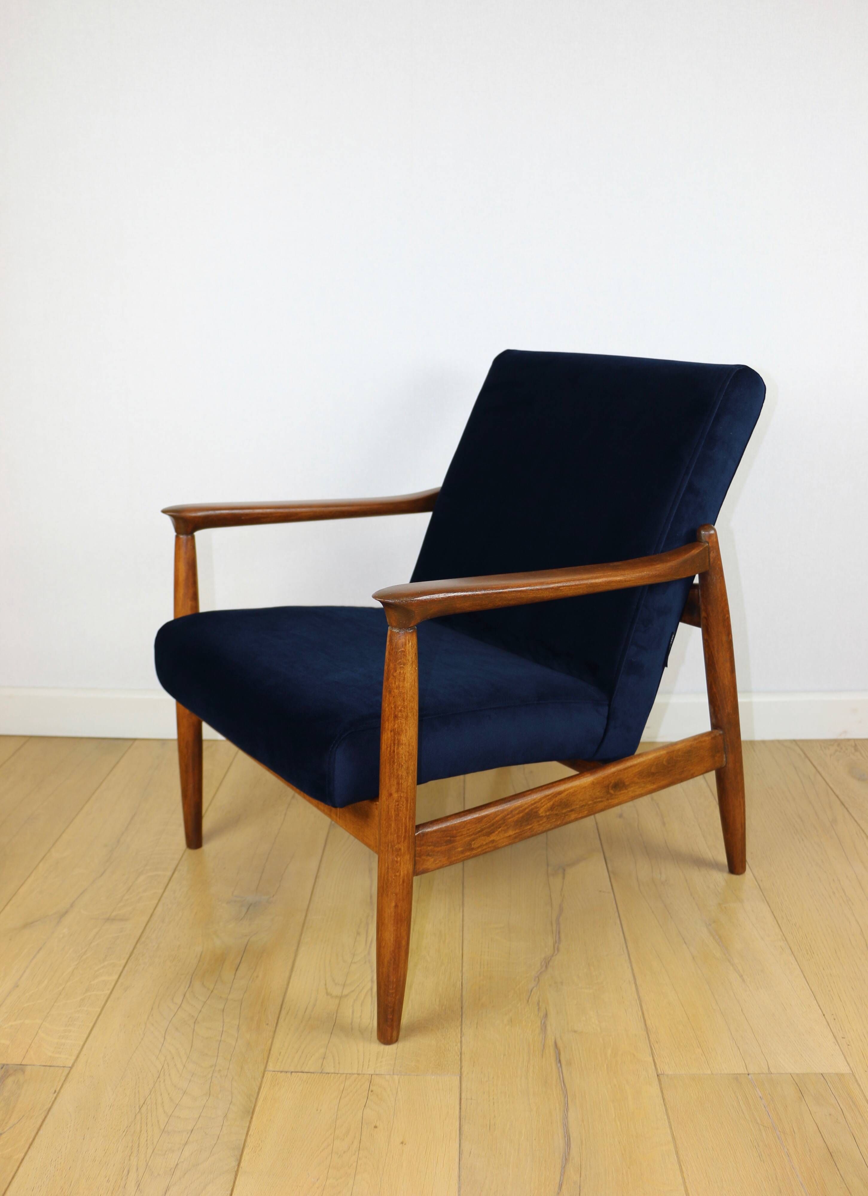 GFM-64 armchair, design by Edmund Homa from the 70s, navy blue - dark wood