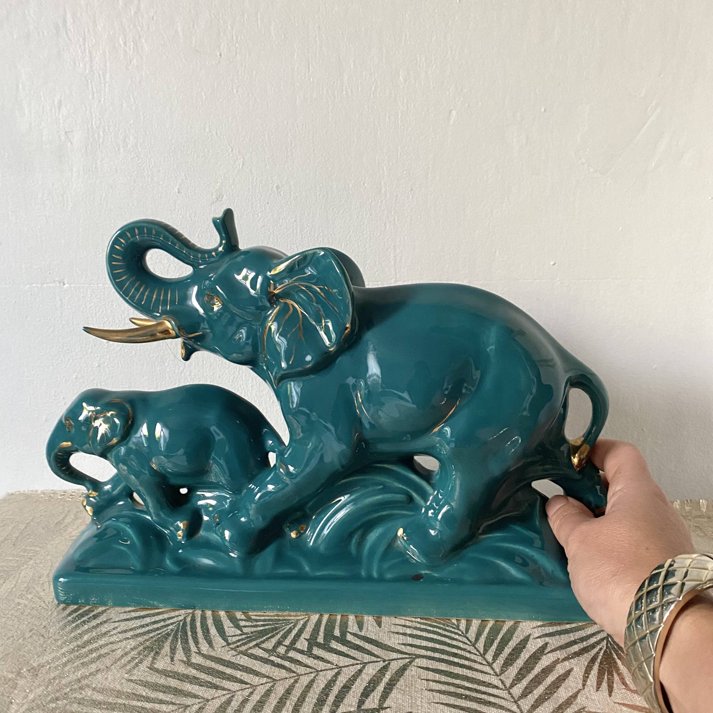Turquoise and gold art deco ceramic elephants