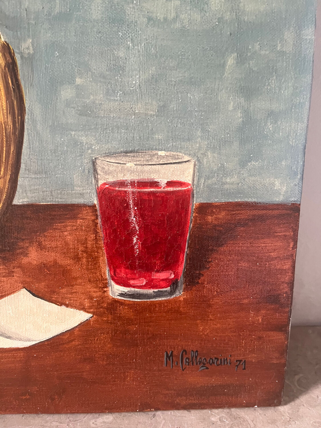 Still life with wine and painting, signed