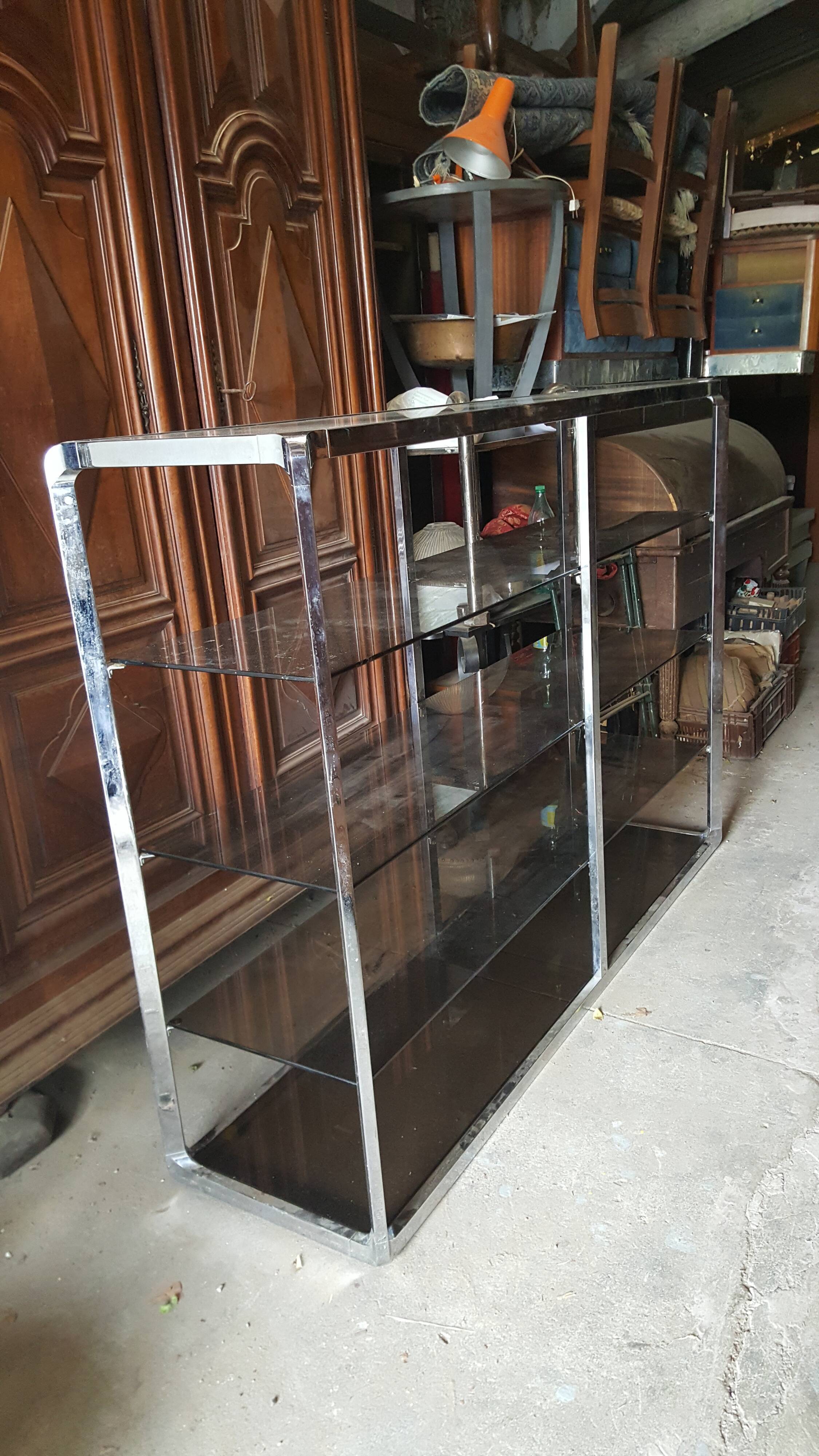 Large double shelf in chrome and smoked glass, 1970s, by Fratelli