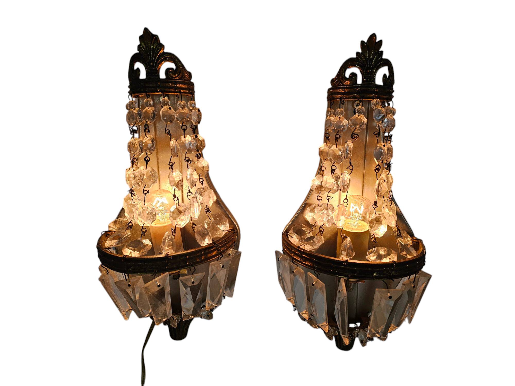2 wall lamps - gold plated - crystal - 60's