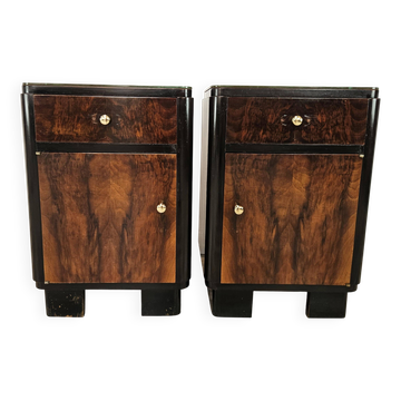 Art Decò bedside tables in walnut burl with pink glass top