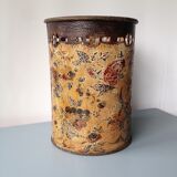 Corbeille à papier en métal peint, motifs fleurs et oiseaux