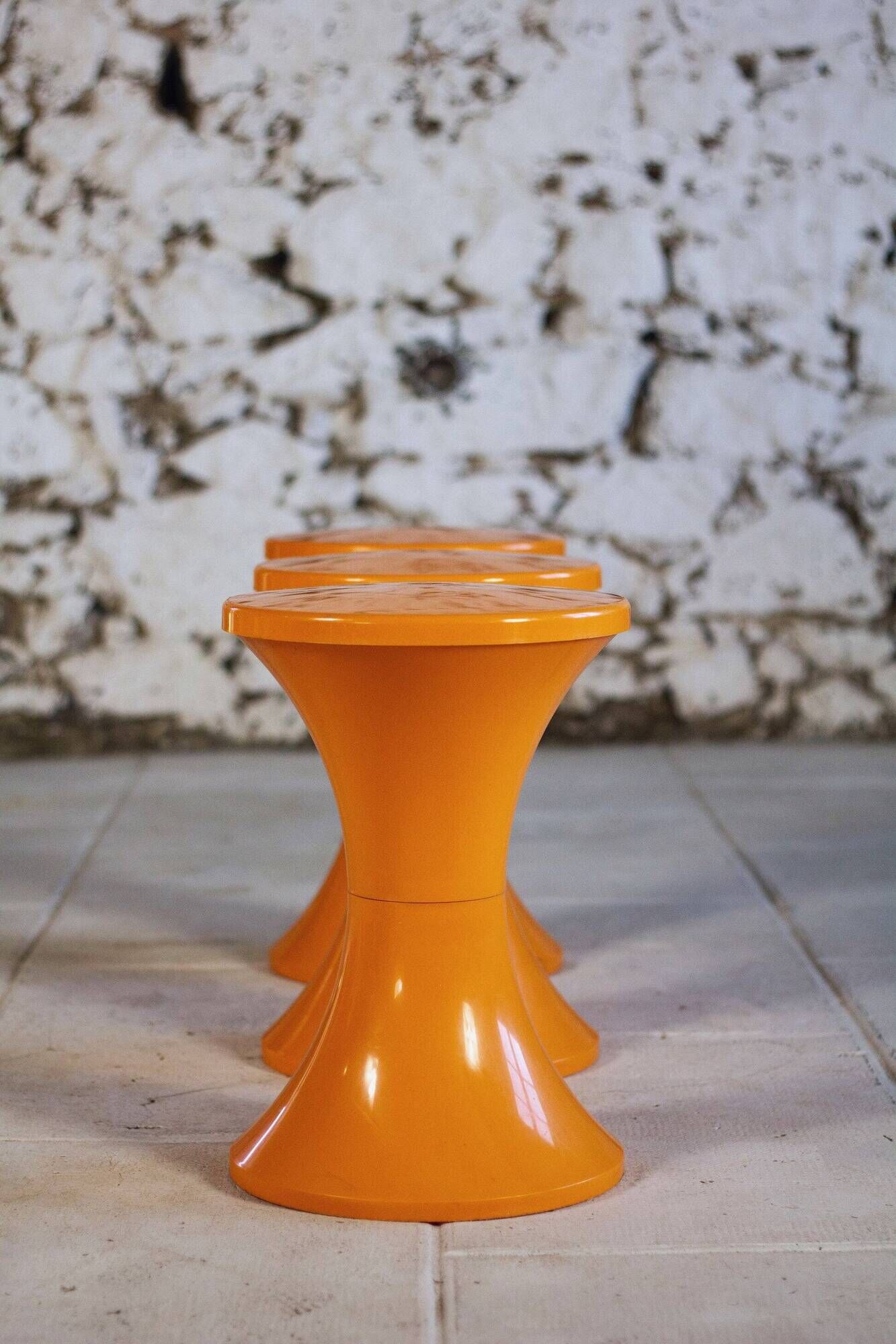 Set of 3 Tam Tam stools in orange by Henri Massonnet for Stamp, 1970.