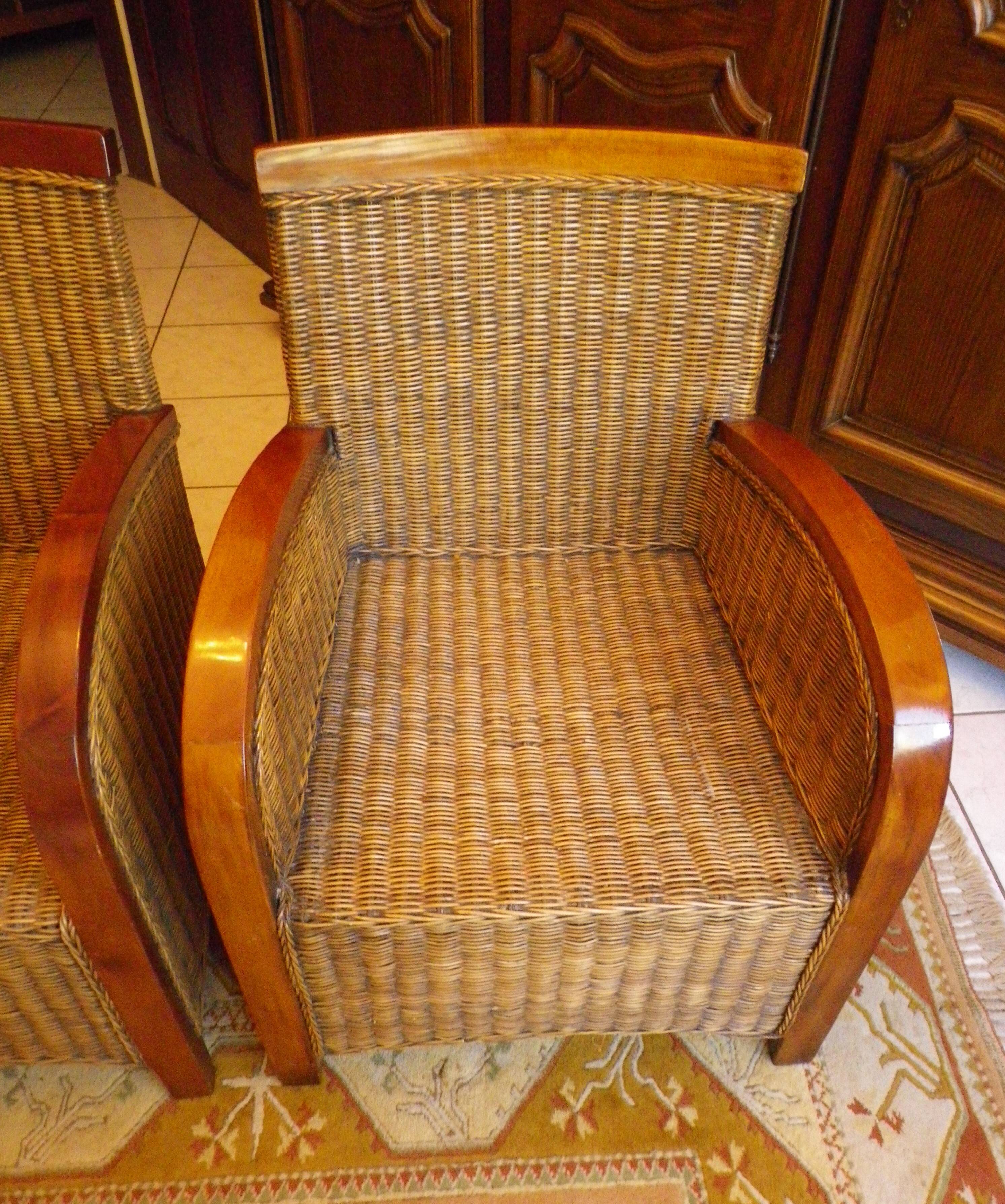 Pair of Club armchairs in ocean liner style, woven rattan and solid wood.