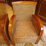 Pair of Club armchairs in ocean liner style, woven rattan and solid wood.