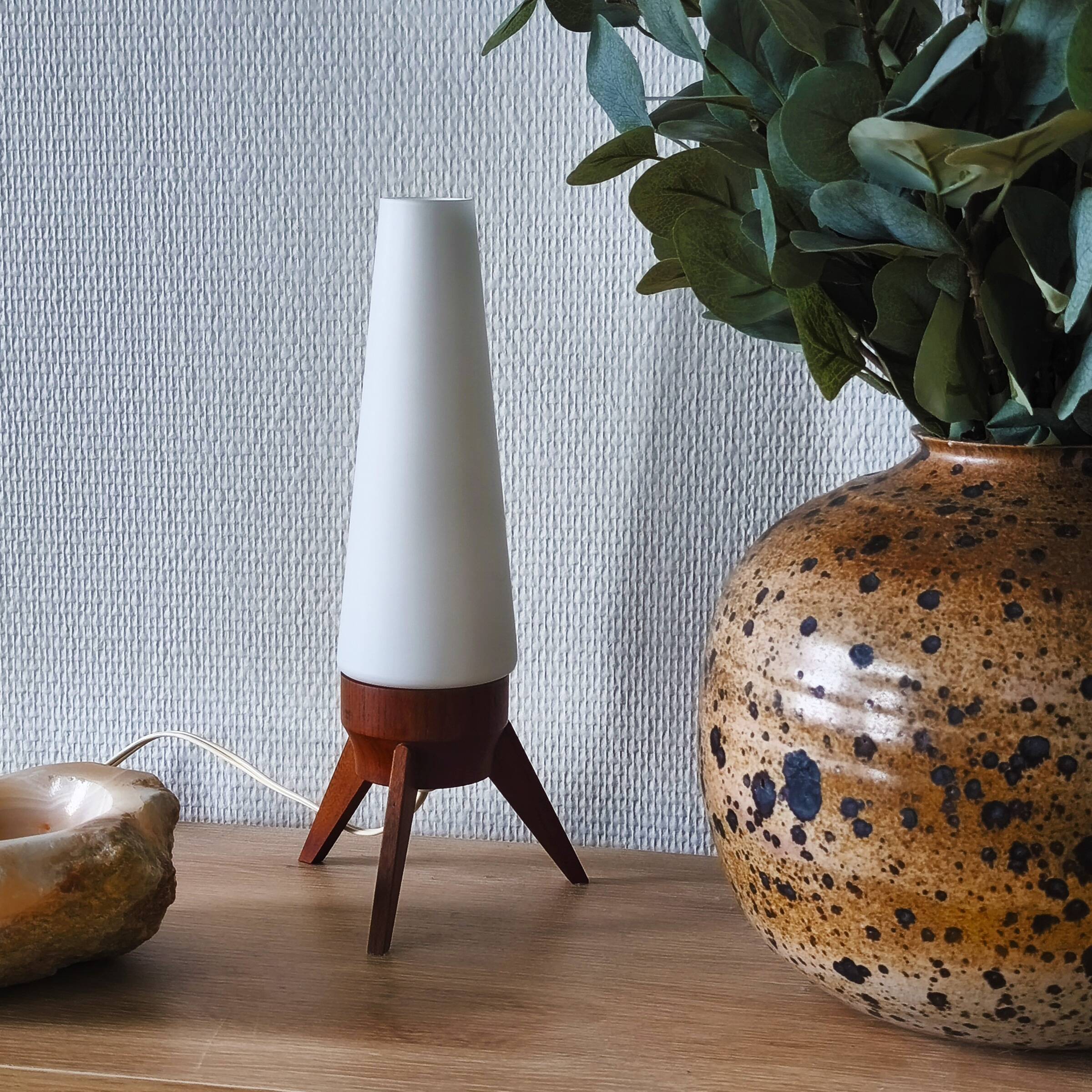 Rocket lamp, teak and opaline, 1950s