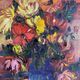Oil on canvas expressionist colourful flowers in a blue vase.