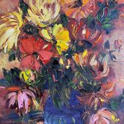 Huile sur toile expressionniste fleurs colorées dans un vase bleu