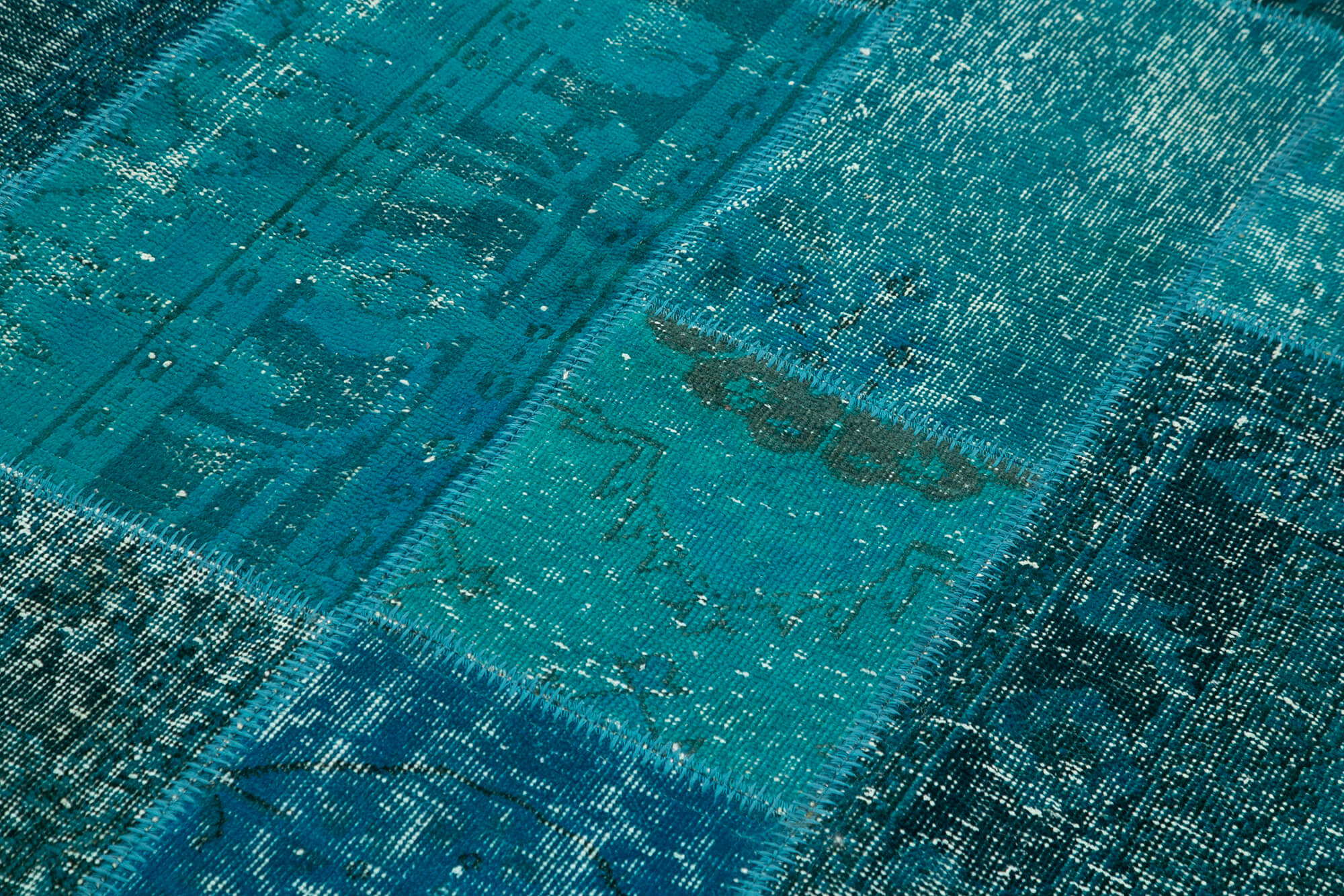 Hand-knotted oriental overdyed 169 cm x 243 cm turquoise patchwork carpet