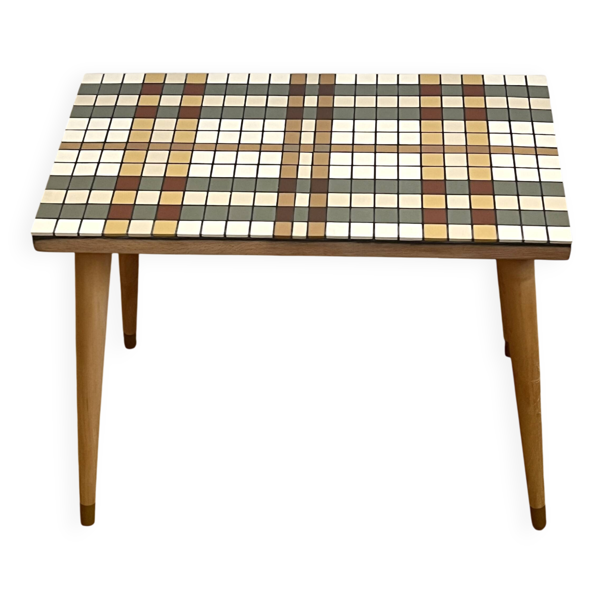 Small mosaic bedside table with tapered legs.