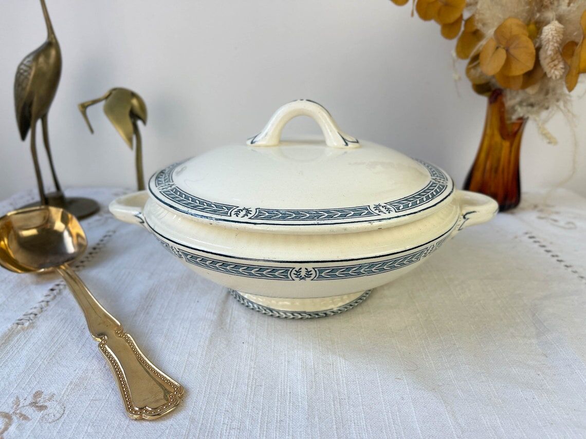 Vintage soup tureen, blue ironstone, Salins model, Castellane
