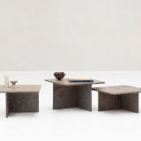 Set of 3 square, fossil marble coffee tables, 1970’s design