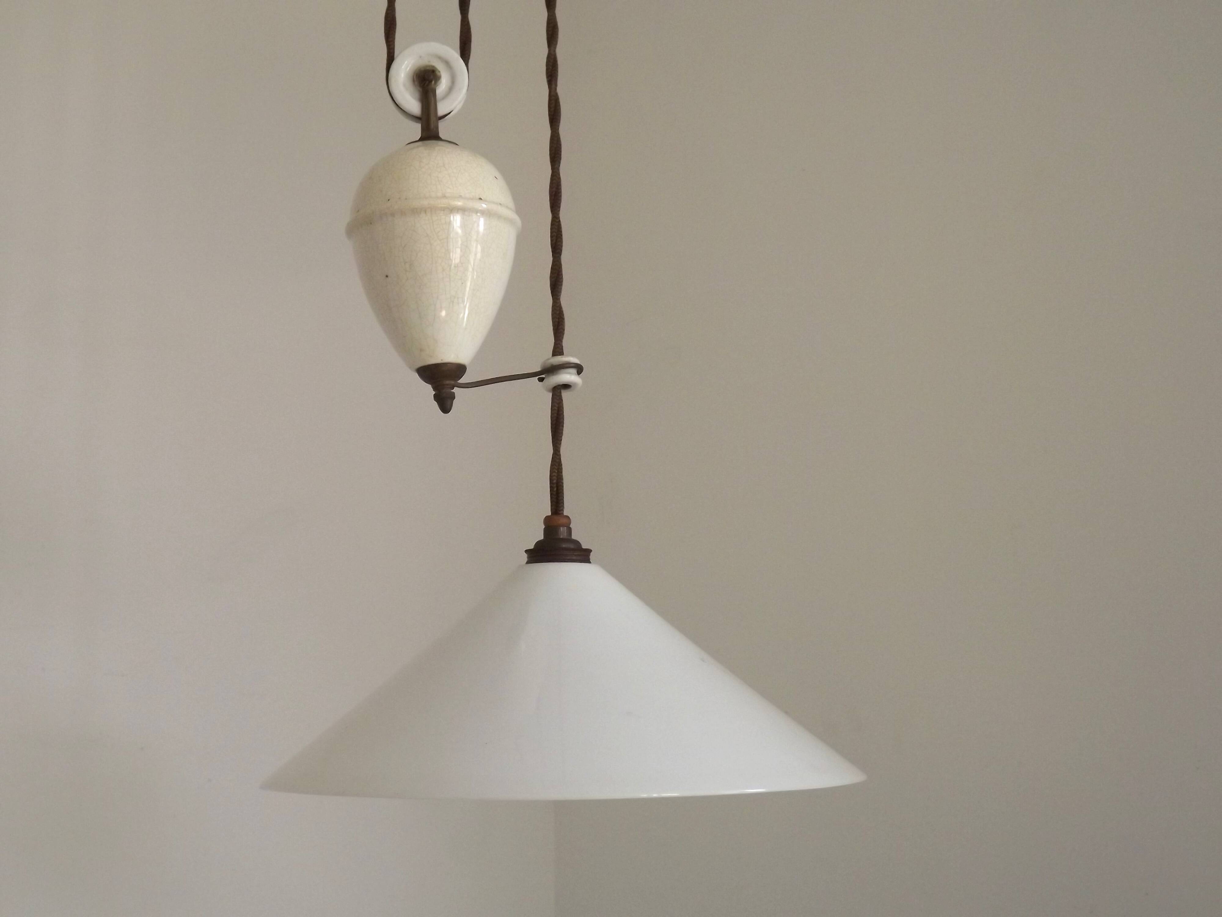 Vintage French Rise & Fall Counterbalance Ceiling Light Opaline Glass Shade