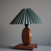 Round wooden table lamp in Danish Art Deco style, oak, 1940s.