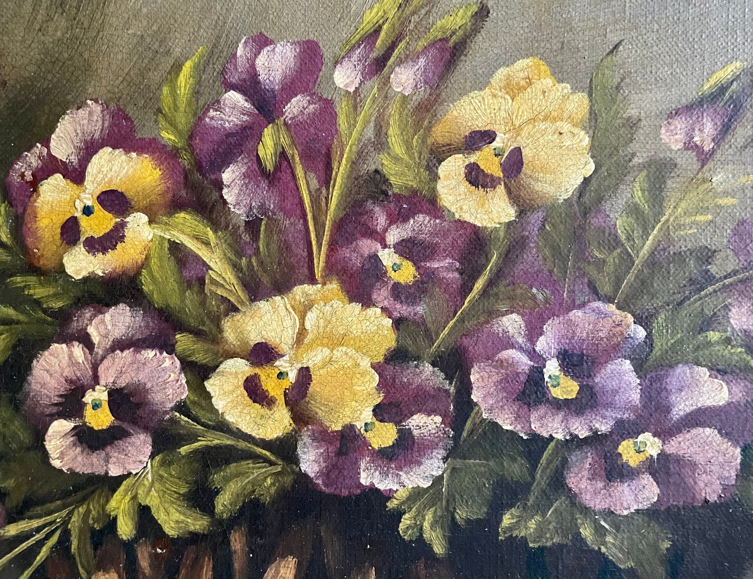 Peinture à l’huile du XIXème siècle sur toile nature morte avec vase de pensées antique vintage original