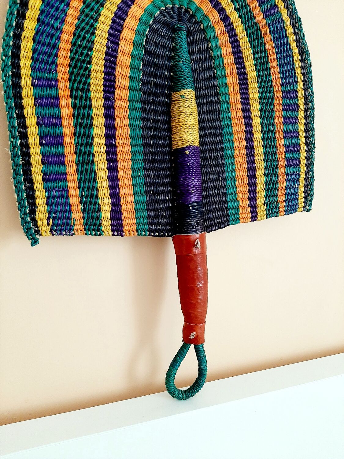 Bolga African fan, woven purple orange yellow green black