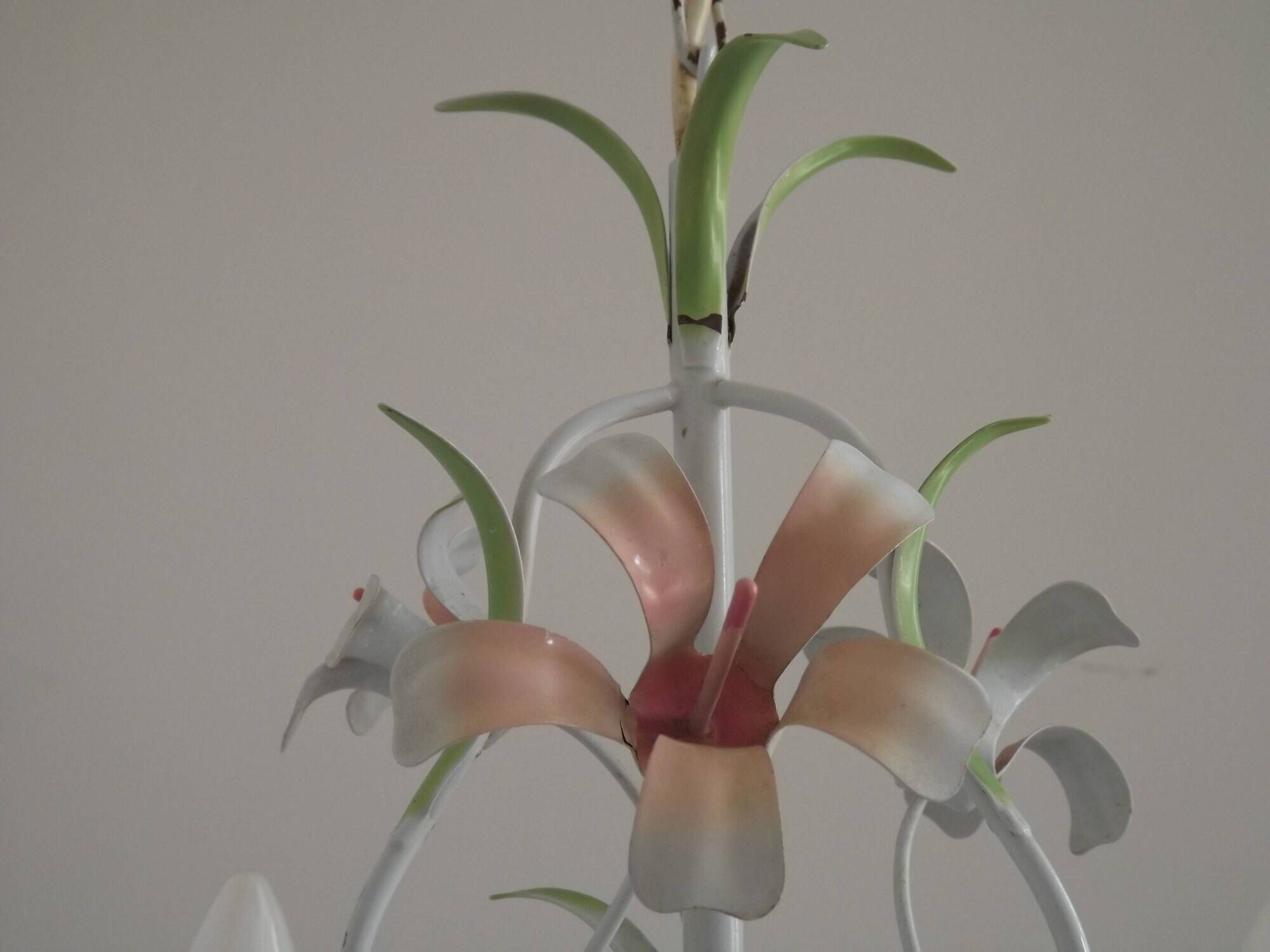 French Vintage 3 Light Pink Lily Flower Cage Style Metal Chandelier 5470