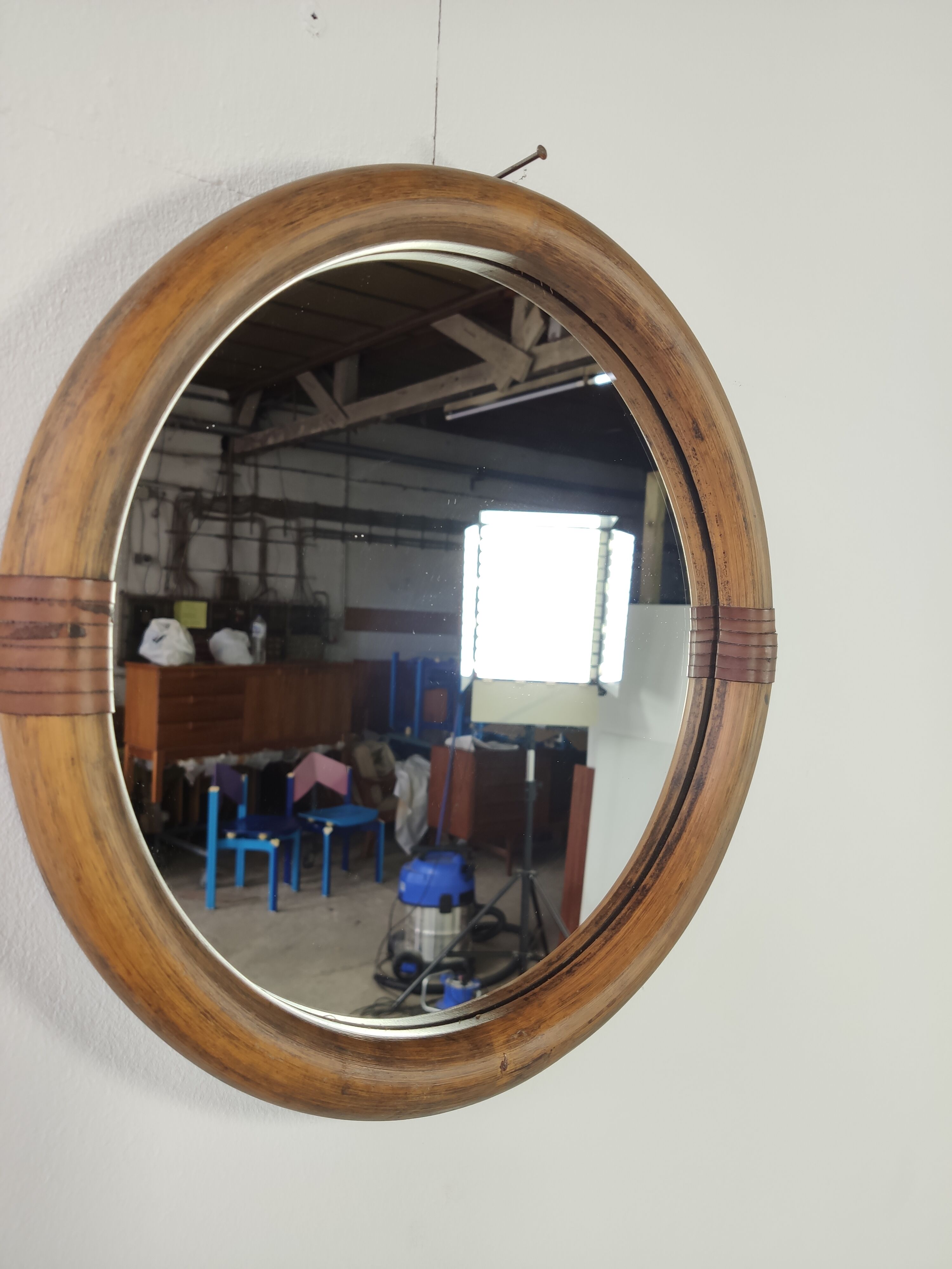 Miroir rond vintage rotin