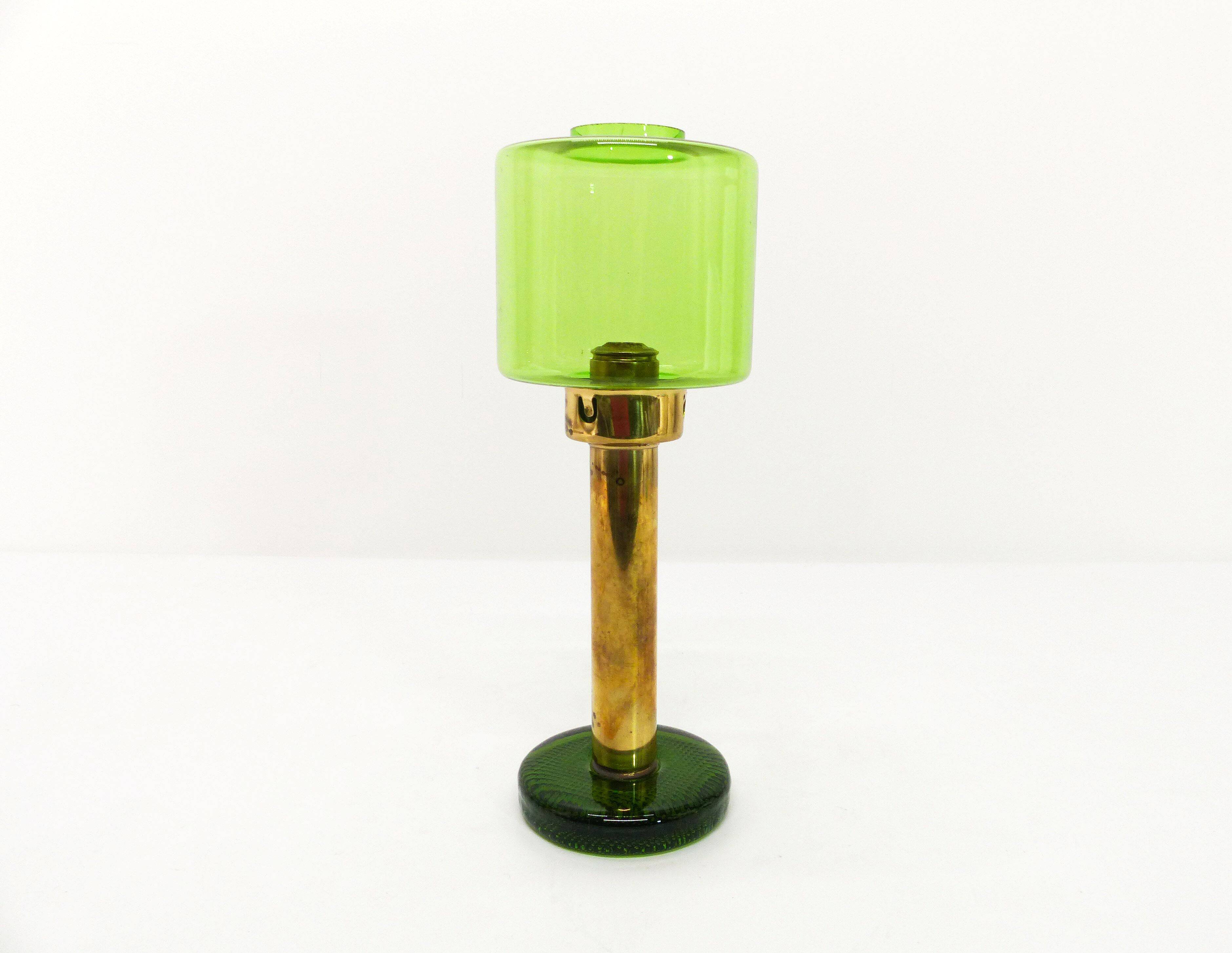 Scandinavian candle holder Gnosjö green glass and brass 1960