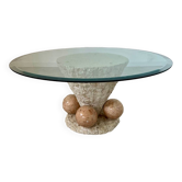 Round coffee table in reconstituted stone, marble effect Italian design 70s vintage glass top