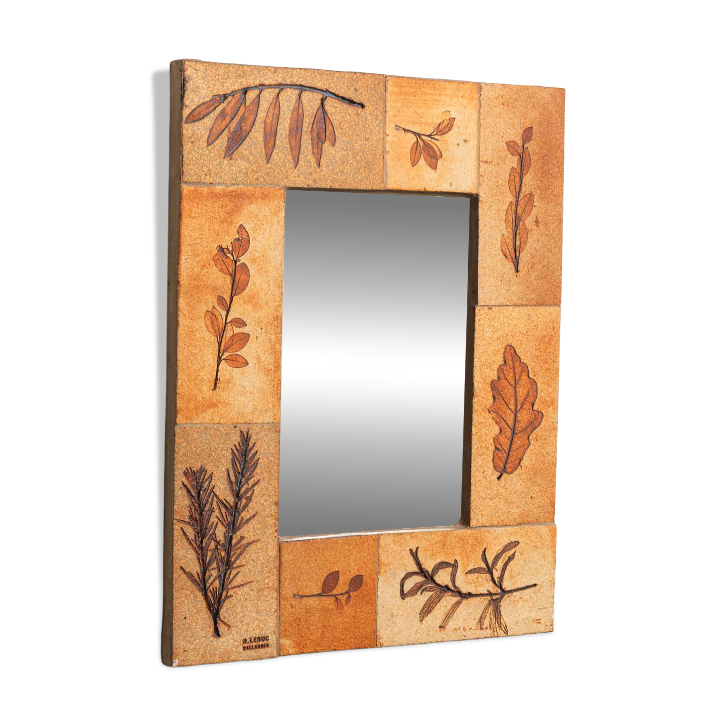 Raymonde Leduc botanical ceramic mirror Vallauris, France