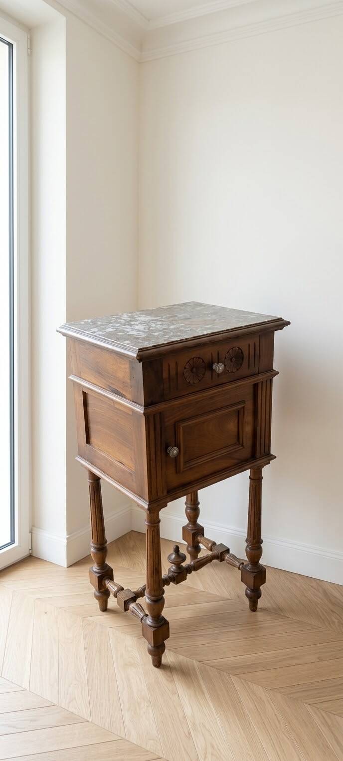 Antique wooden bedside table with a marble top.