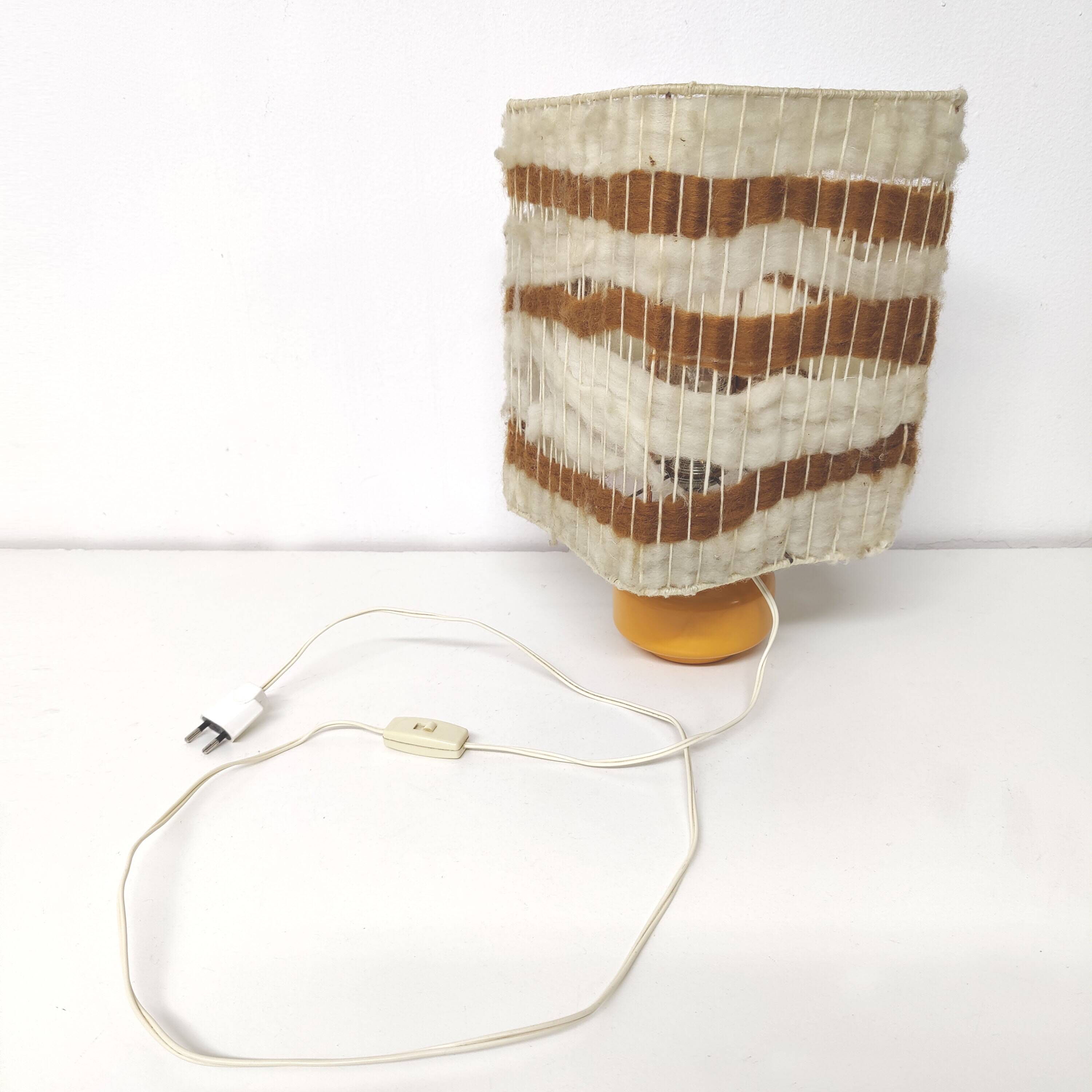 Orange ceramic lamp with vintage wool lampshade from the 70s
