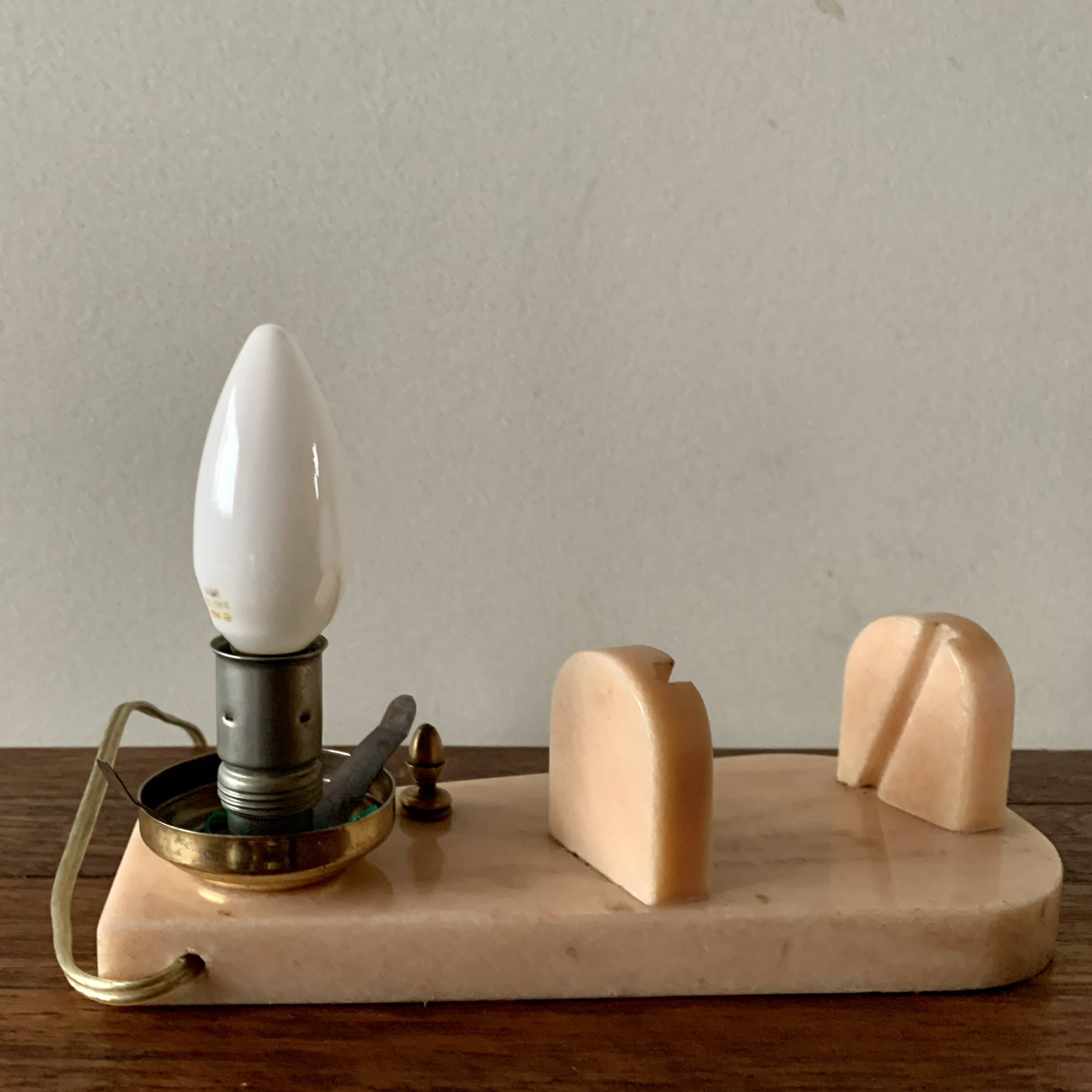 Art Deco pink marble and glass bedside lamp with photo holder