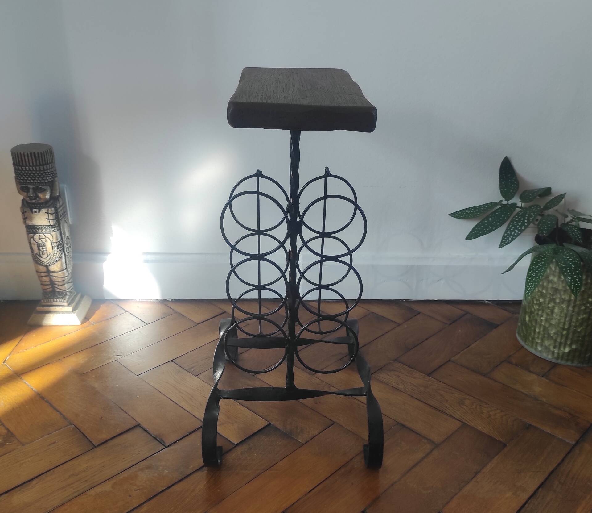Side table, brutalist bottle holder in wrought iron and solid wood.