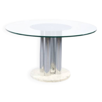 Table italienne à repas marbre acier chromé et verre années 70'