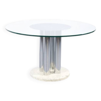 Table italienne à repas marbre acier chromé et verre années 70'