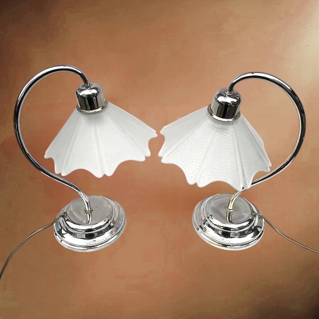 Pair of vintage lamps in chrome metal and frosted textured glass - Massive