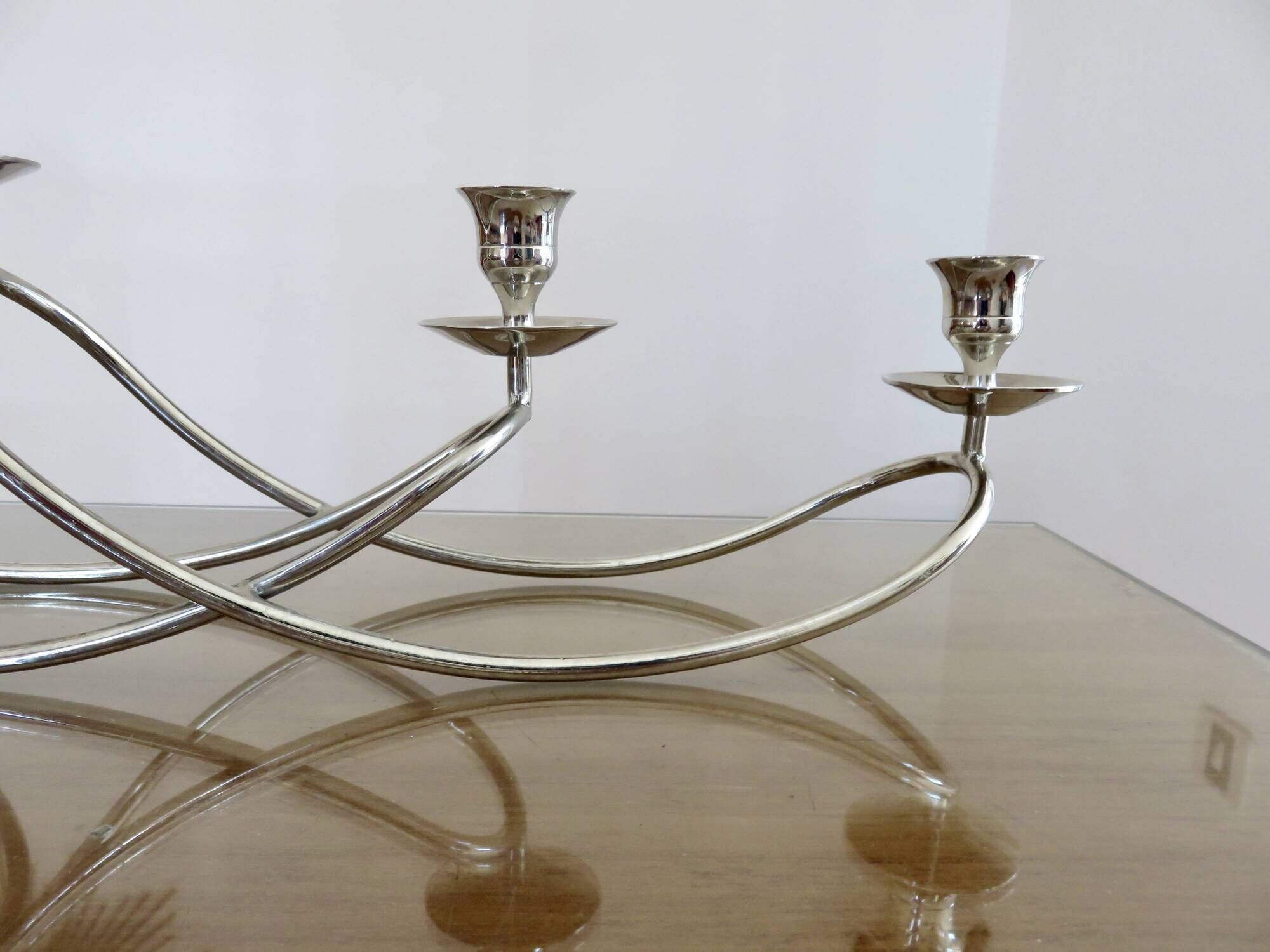 XXL silver metal candle holder 5 lights 70s